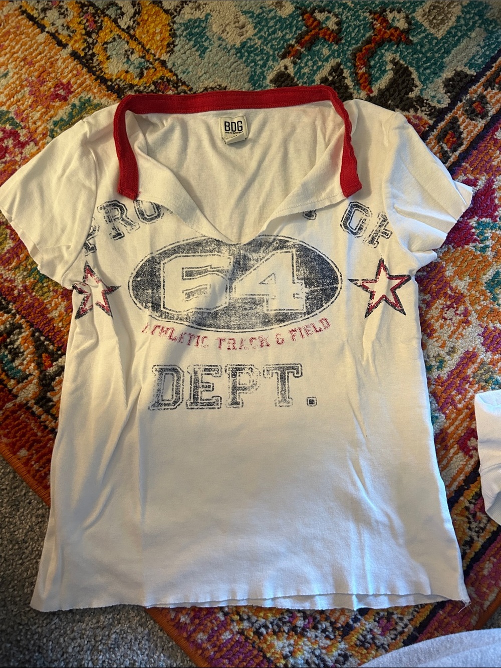 BDG White Short-Sleeve Graphic Tee with Red Collar